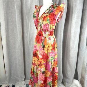 Vince Camuto Floral Tiered Midi Dress Sz M 10 Sleeveless Bright Party Boho